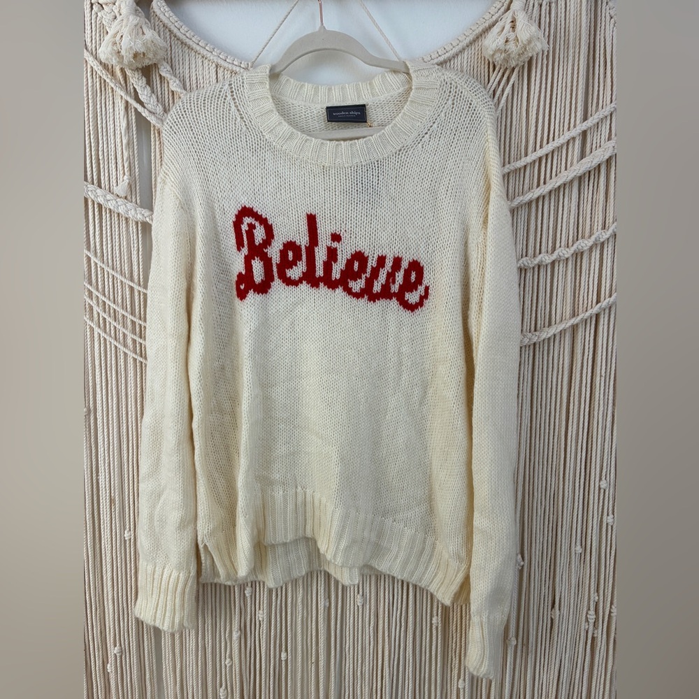 Wooden Ships Believe Christmas Holiday Sweater Cream Red